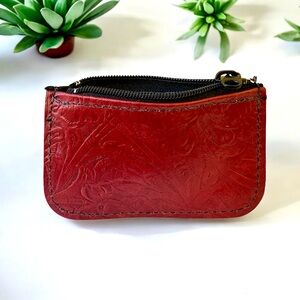 Mini Leather Zipper Pouch Emblossed Red & Black Hand Crafted Tiny New